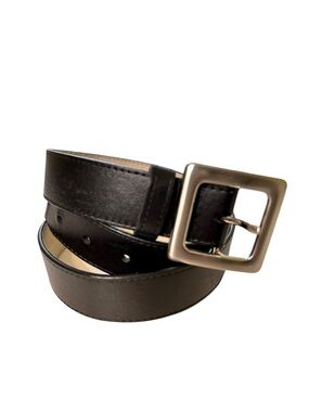 Mens Black Leather Belt Brushed Silver Tone Buckle 1 inch Width Size Medium EUC
